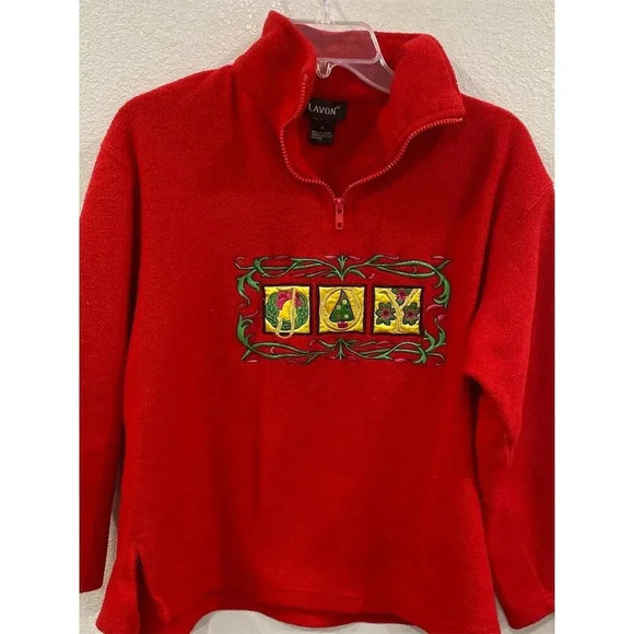 Lavon vintage Women's M Red Fleece Christmas 1/4 Zip Pullover Sweater - Picture 1 of 3